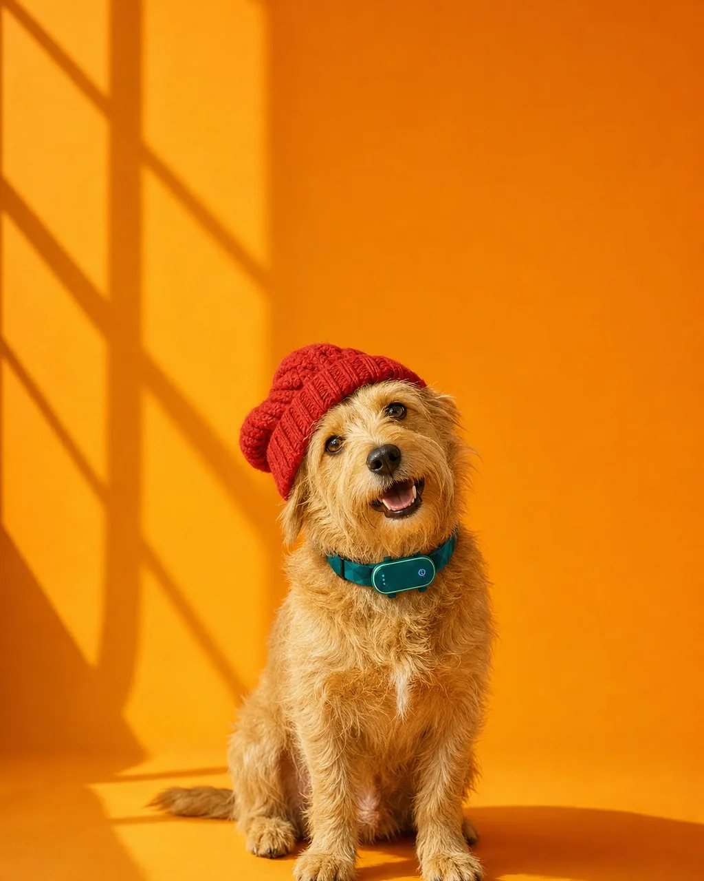 Scruffy dog in a red beanie wearing a smart collar