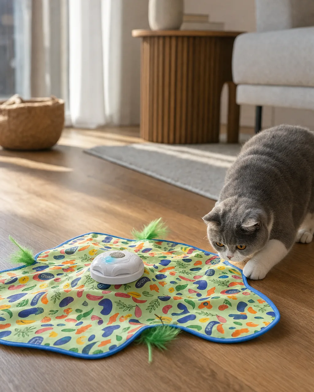 Grey cat stalking a feather play mat