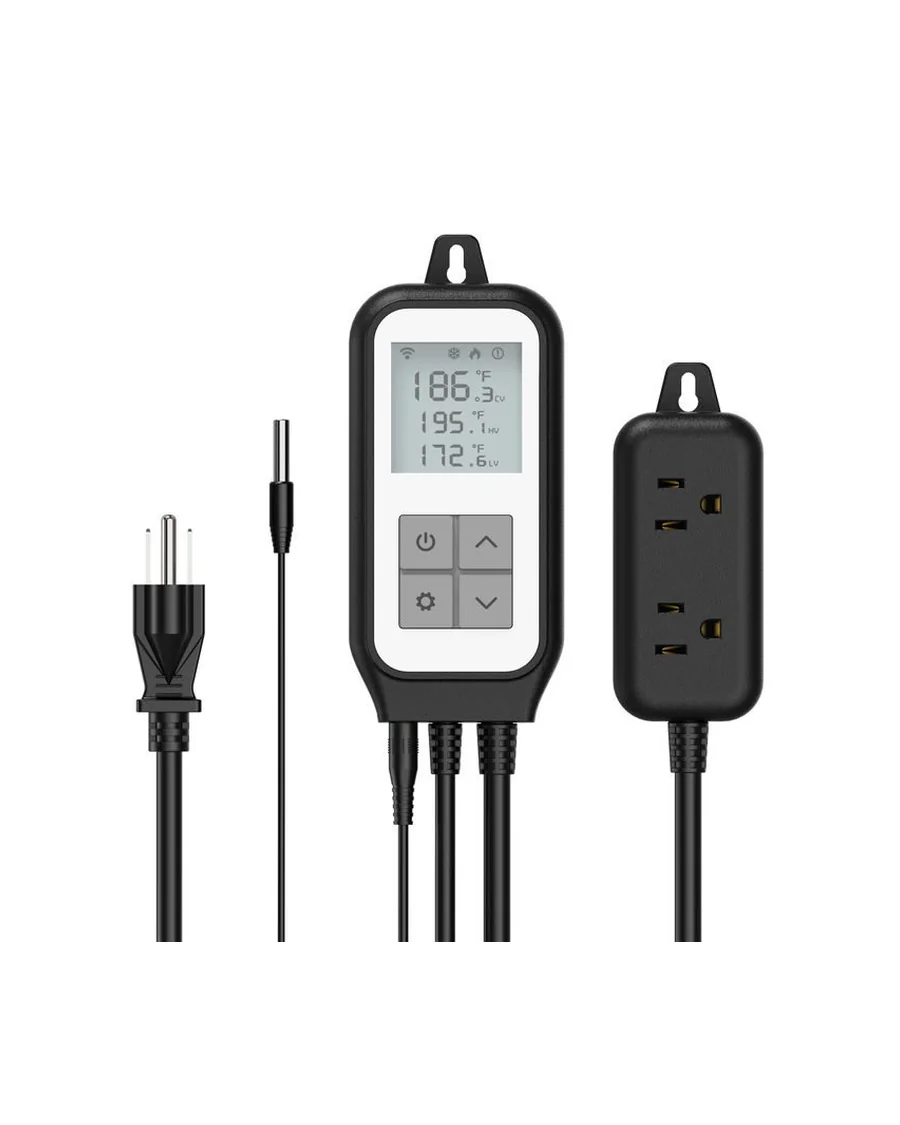 WiFi aquarium controller with its temperature probe and outlet box