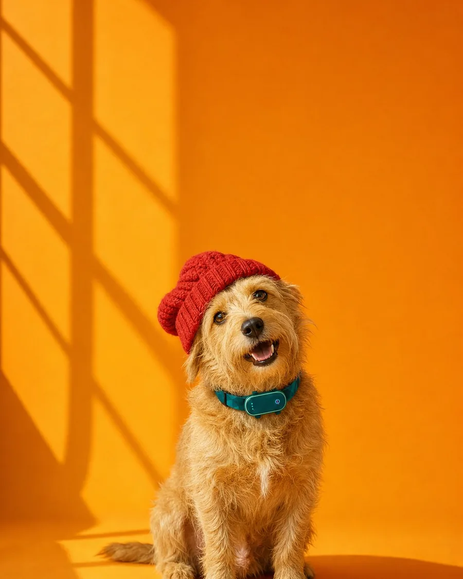 Scruffy dog in a red beanie wearing a GPS tracker